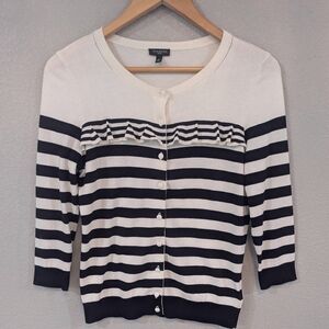 Talbots Black & White Striped Cardigan with Ruffle Detail | Small Petite | Like